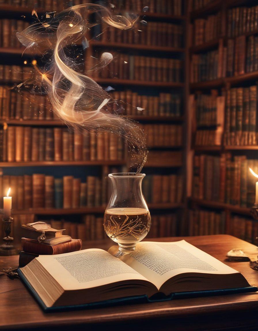 A whimsical scene of vintage books floating in mid-air, each connecting with glowing threads symbolizing bonds, surrounded by literary symbols like quills and inkpots. A serene, dreamlike background depicting a library with soft, warm lighting to evoke feelings of nostalgia and enrichment for readers. super-realistic. vibrant colors. soft focus.