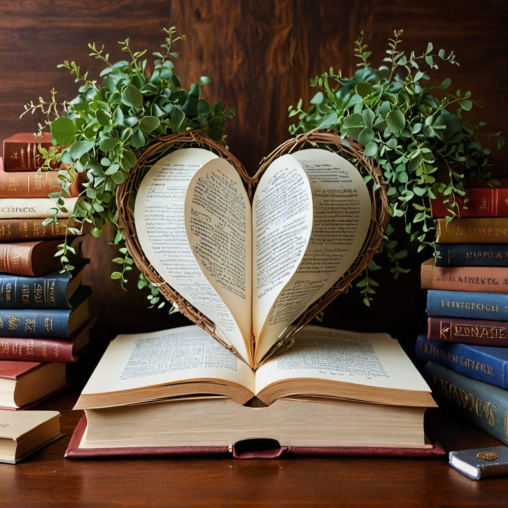 An artistic composition of a heart-shaped insurance policy overlapping with a stack of classic literature books, surrounded by intertwined vines symbolizing growth and connection. Include soft, warm light illuminating the scene to create a sense of comfort and security. Elements like a quill and inkpot hint at the literary aspect, while a shield symbolizes protection in relationships. Enriched with pastel colors for a soothing effect. vibrant colors. painting.