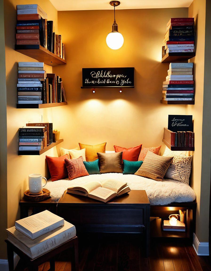 A cozy reading nook filled with books, surrounded by soft lighting and heart-shaped decor, conveying a sense of love and comfort. A cup of tea sits on a wooden table, with handwritten notes featuring heartwarming quotes about affection and policies. Shelves adorned with books on relationships and literature. Inviting ambiance that inspires creativity and warmth. warm colors. soft focus.